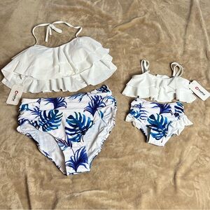PATPAT Mom and Baby White and Blue Matching Tropical Bikini Set - Size XL and 2Y